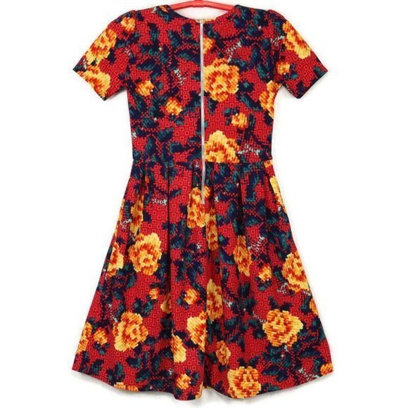 LuLaRoe Amelia Dress‎ Red Yellow Orange Floral Roses Pockets M Medium - Picture 2 of 12